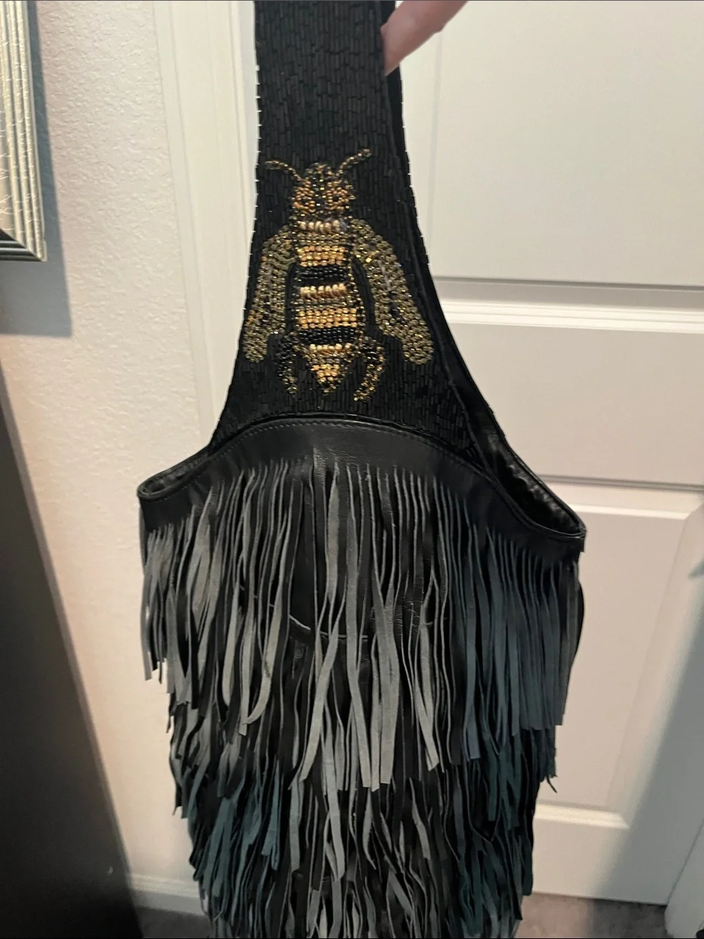 Black Fringe Leather Shoulder Bag with Gold Bee Beading